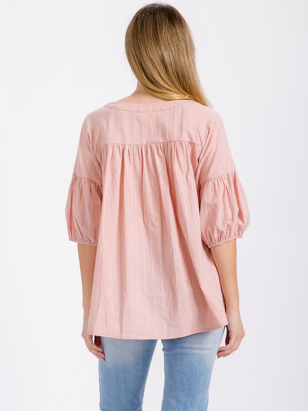 WOMEN'S SHORT PUFF SLEEVE BUTTON UP LOOSE FIT BLOUSE