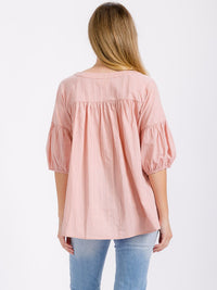 WOMEN'S SHORT PUFF SLEEVE BUTTON UP LOOSE FIT BLOUSE