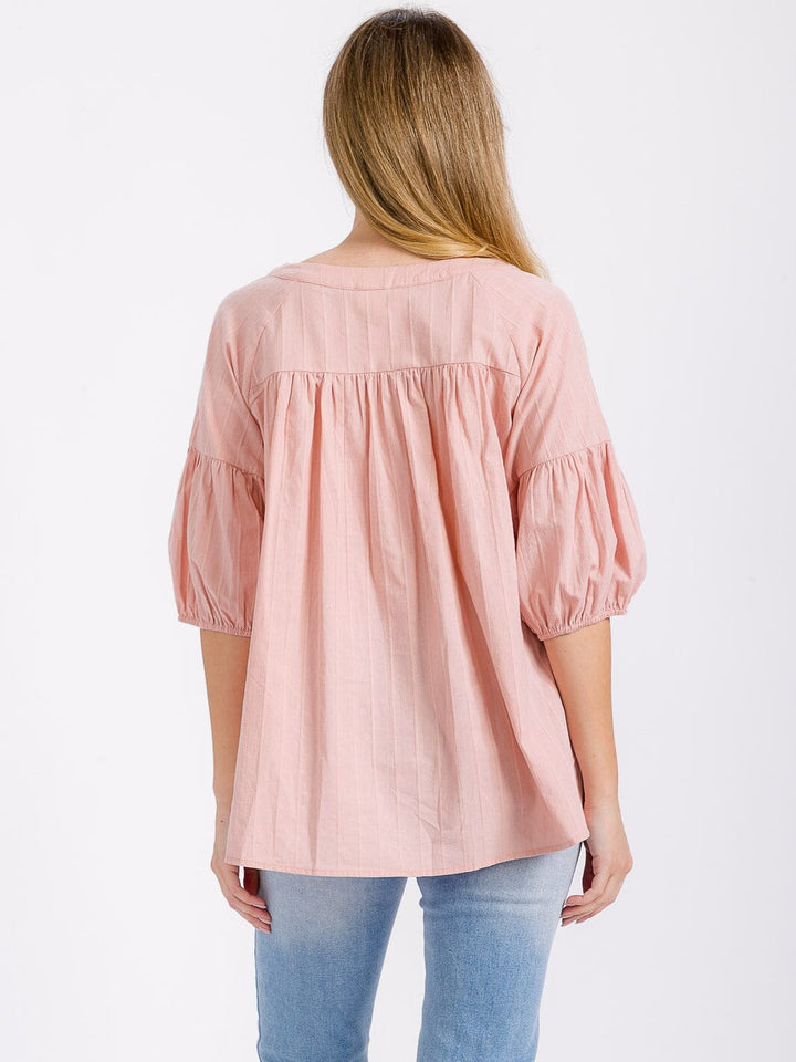 WOMEN'S SHORT PUFF SLEEVE BUTTON UP LOOSE FIT BLOUSE