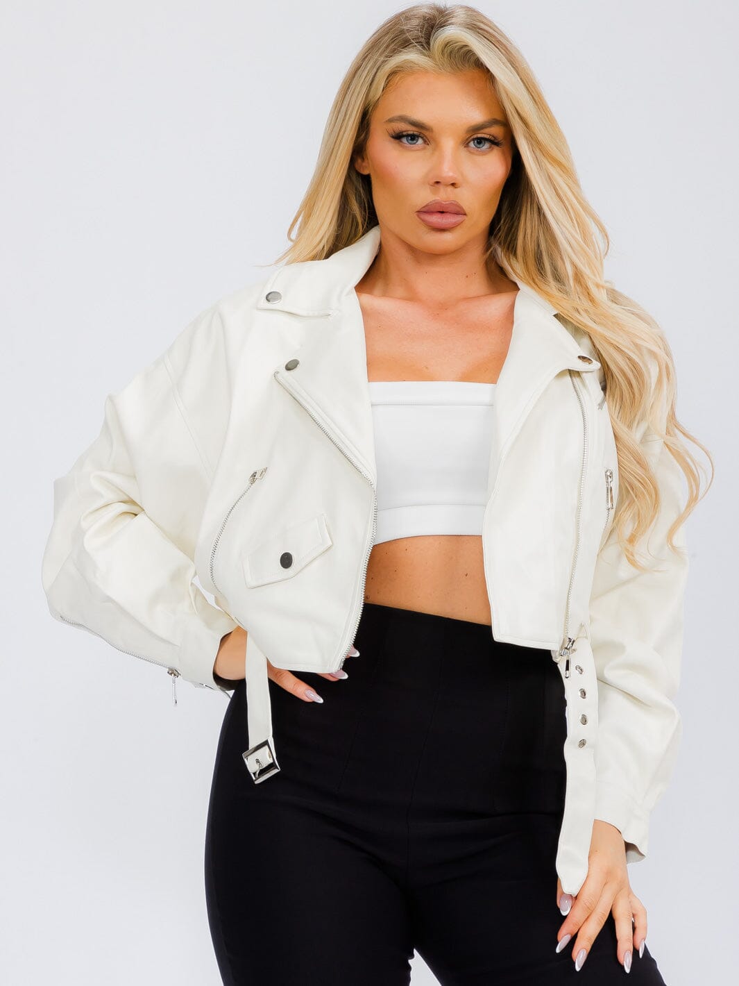 WOMEN'S LONG SLEEVE ZIP UP FRONT POCKETS PU PLEATHER JACKET