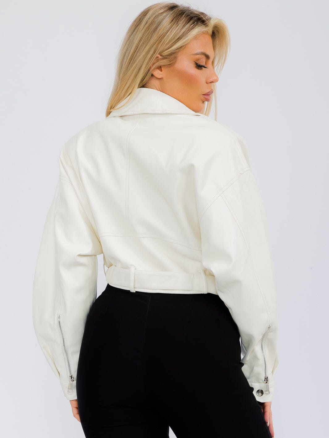 WOMEN'S LONG SLEEVE ZIP UP FRONT POCKETS PU PLEATHER JACKET