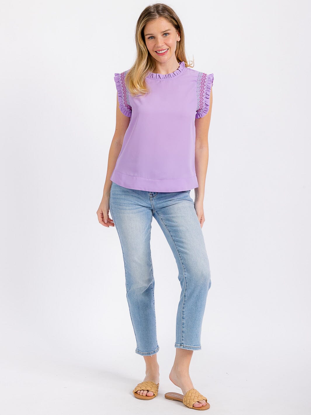 WOMEN'S RUFFLE SLEEVE MOCK NECK TRIM DETAILED BLOUSE