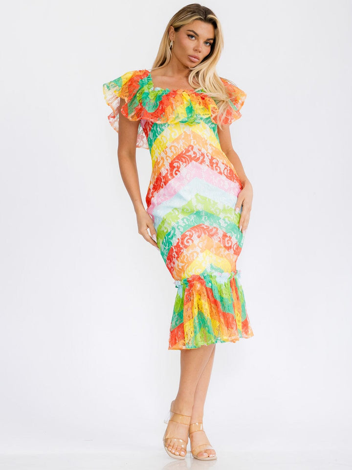 WOMEN'S RUFFLE SLEEVE MULTI COLOR BODYCON MIDI DRESS