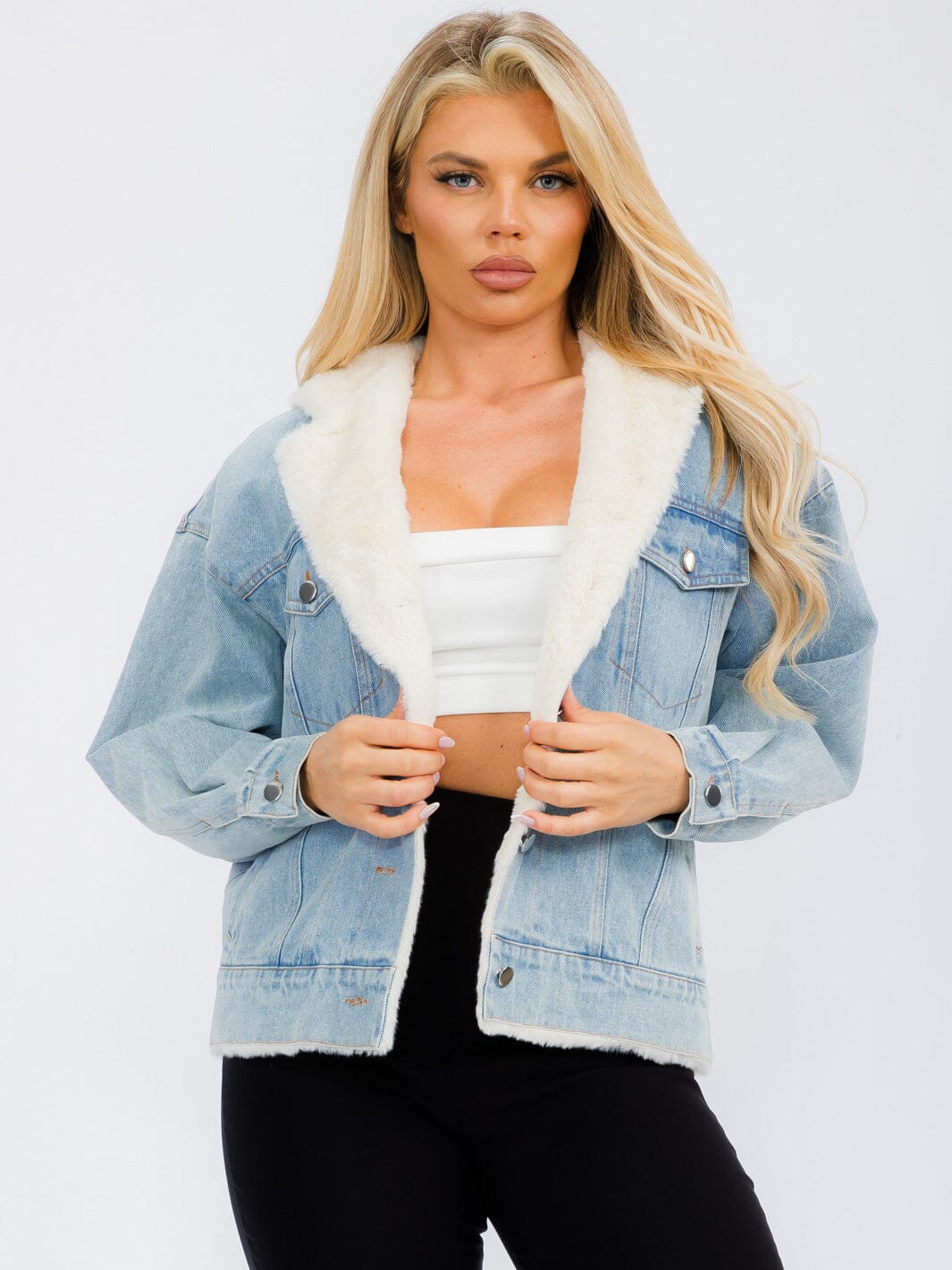 WOMEN'S LONG SLEEVE BUTTON CLOSURE POCKETS SHERPA DENIM JACKET
