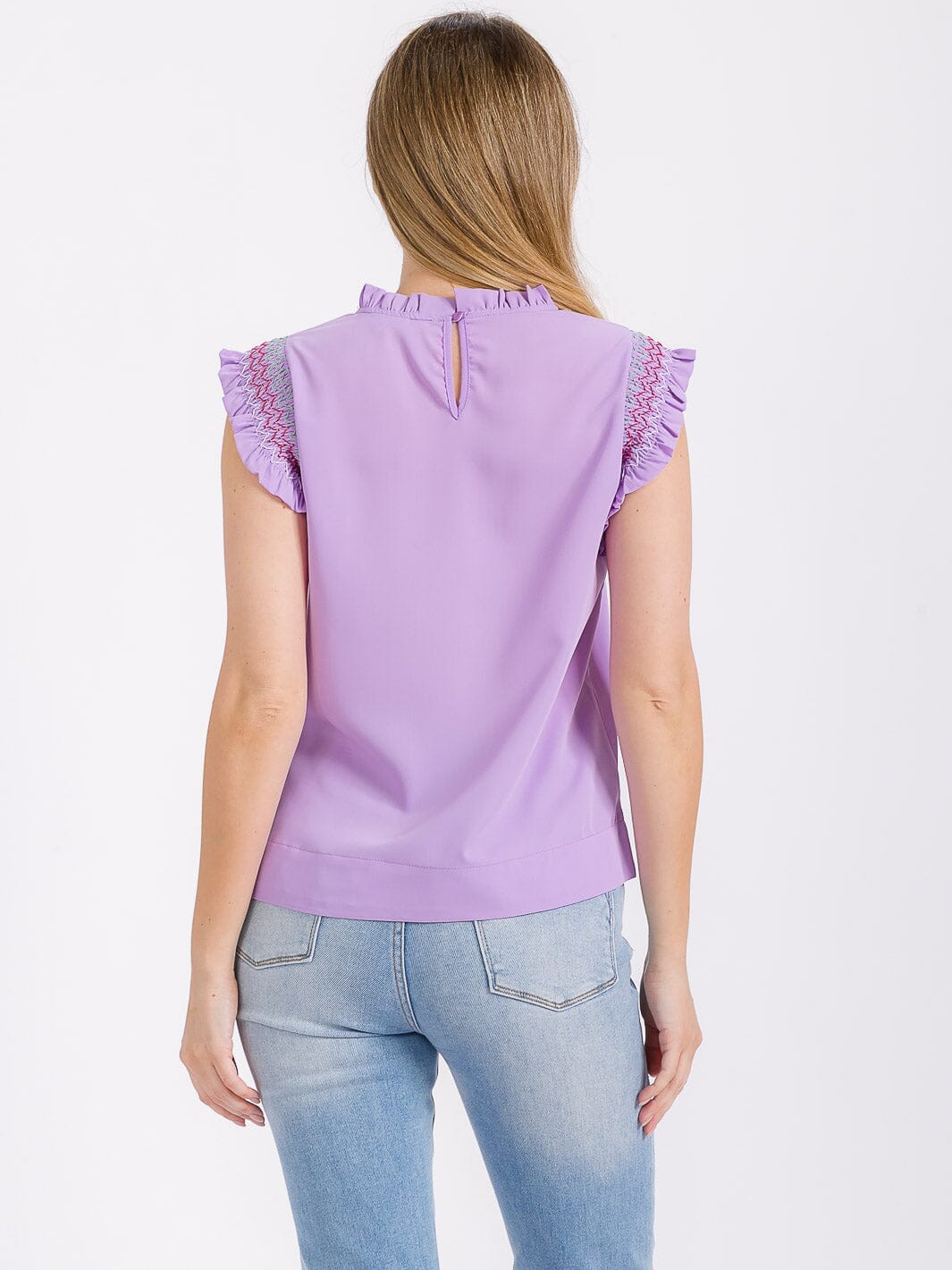 WOMEN'S RUFFLE SLEEVE MOCK NECK TRIM DETAILED BLOUSE