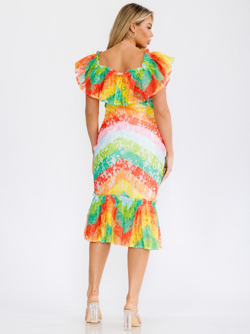 WOMEN'S RUFFLE SLEEVE MULTI COLOR BODYCON MIDI DRESS