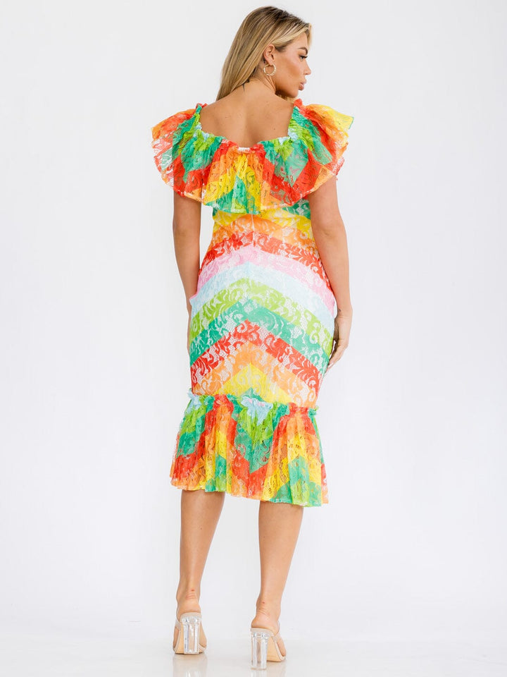 WOMEN'S RUFFLE SLEEVE MULTI COLOR BODYCON MIDI DRESS