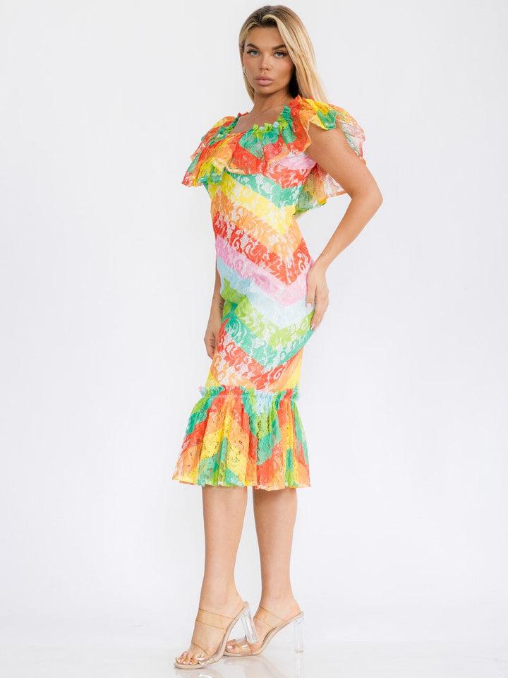 WOMEN'S RUFFLE SLEEVE MULTI COLOR BODYCON MIDI DRESS