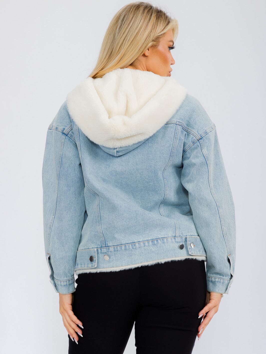 WOMEN'S LONG SLEEVE BUTTON CLOSURE POCKETS SHERPA DENIM JACKET