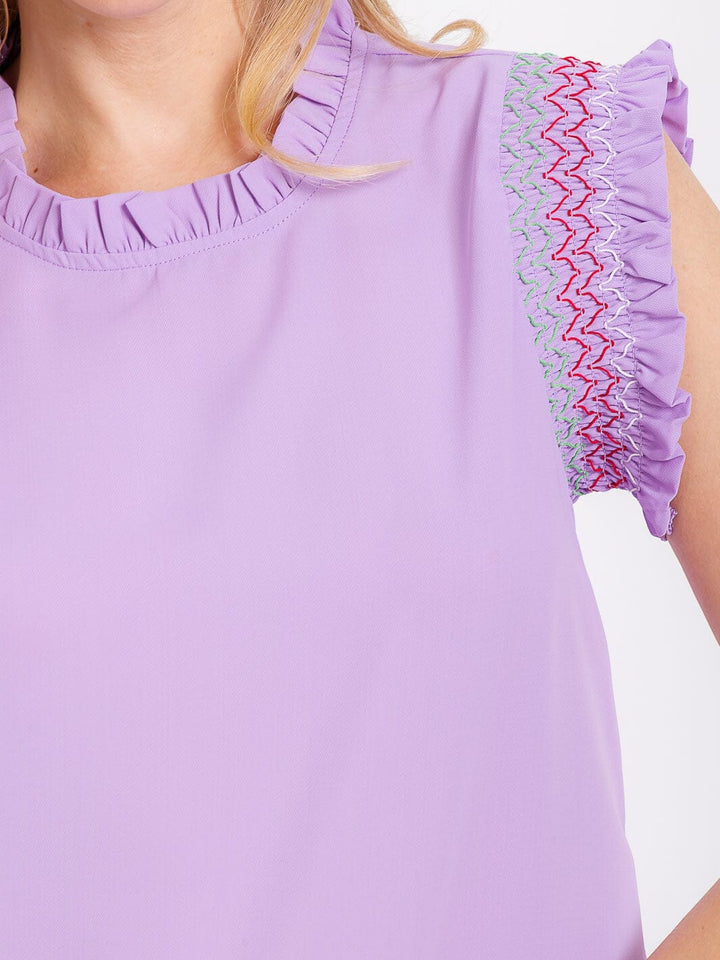 WOMEN'S RUFFLE SLEEVE MOCK NECK TRIM DETAILED BLOUSE