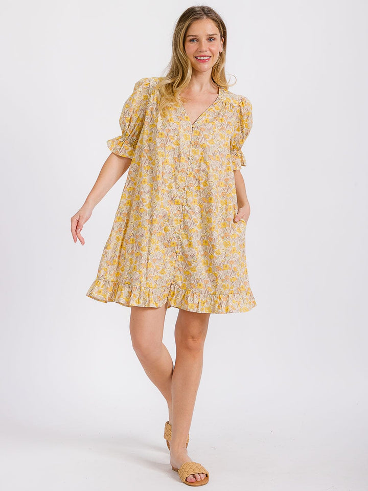 WOMEN'S SHORT PUFF SLEEVE V-NECK FRONT POCKETS FLORAL MINI DRESS