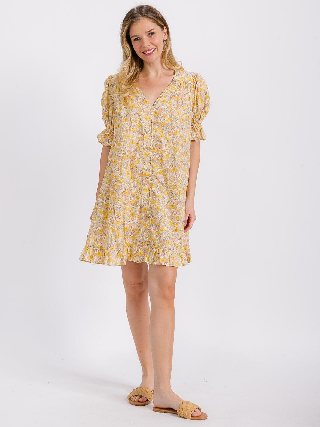 WOMEN'S SHORT PUFF SLEEVE V-NECK FRONT POCKETS FLORAL MINI DRESS
