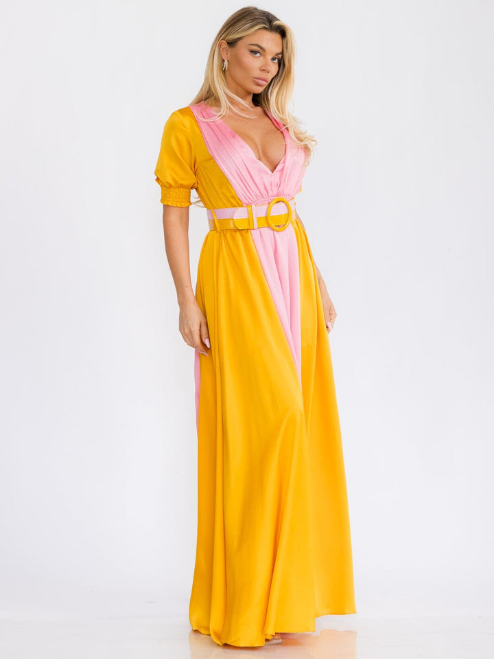 WOMEN'S SHORT PUFF SLEEVE V-NECK COLORBLOCK BELTED MAXI DRESS