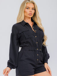 WOMEN'S LONG SLEEVE BUTTON UP POCKETS ROMPER