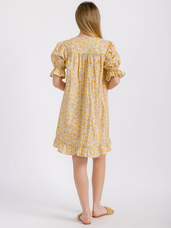 WOMEN'S SHORT PUFF SLEEVE V-NECK FRONT POCKETS FLORAL MINI DRESS