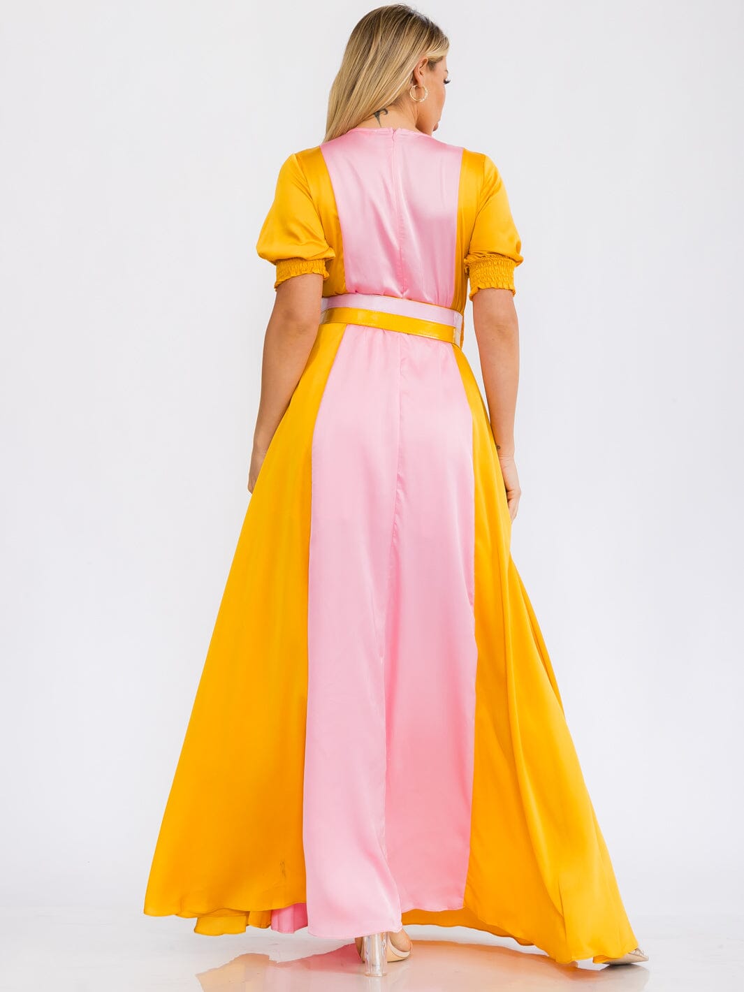 WOMEN'S SHORT PUFF SLEEVE V-NECK COLORBLOCK BELTED MAXI DRESS