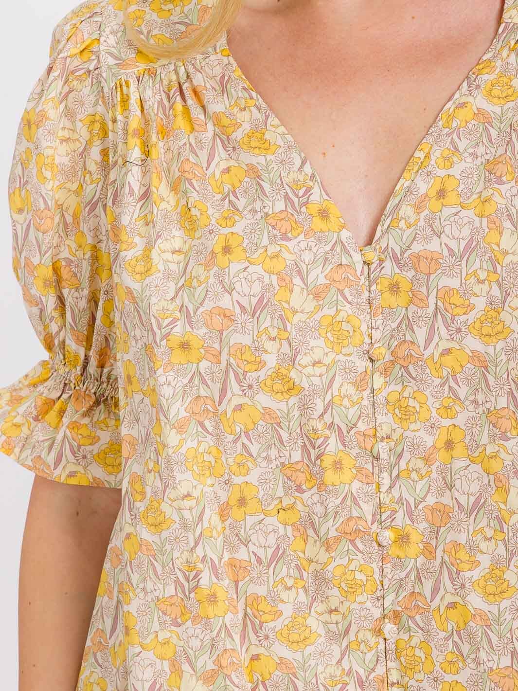 WOMEN'S SHORT PUFF SLEEVE V-NECK FRONT POCKETS FLORAL MINI DRESS