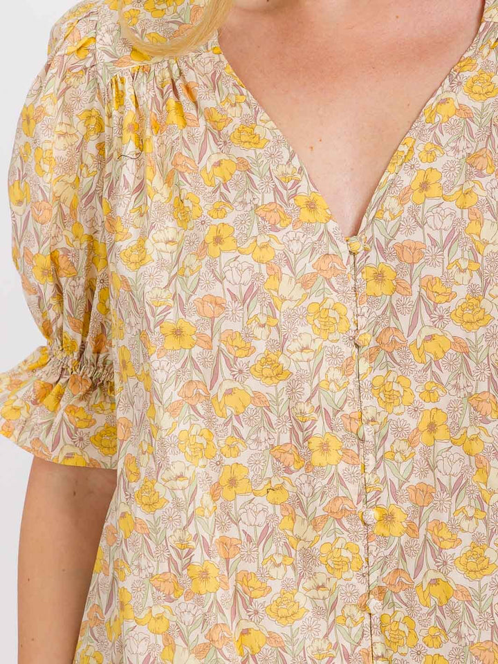 WOMEN'S SHORT PUFF SLEEVE V-NECK FRONT POCKETS FLORAL MINI DRESS