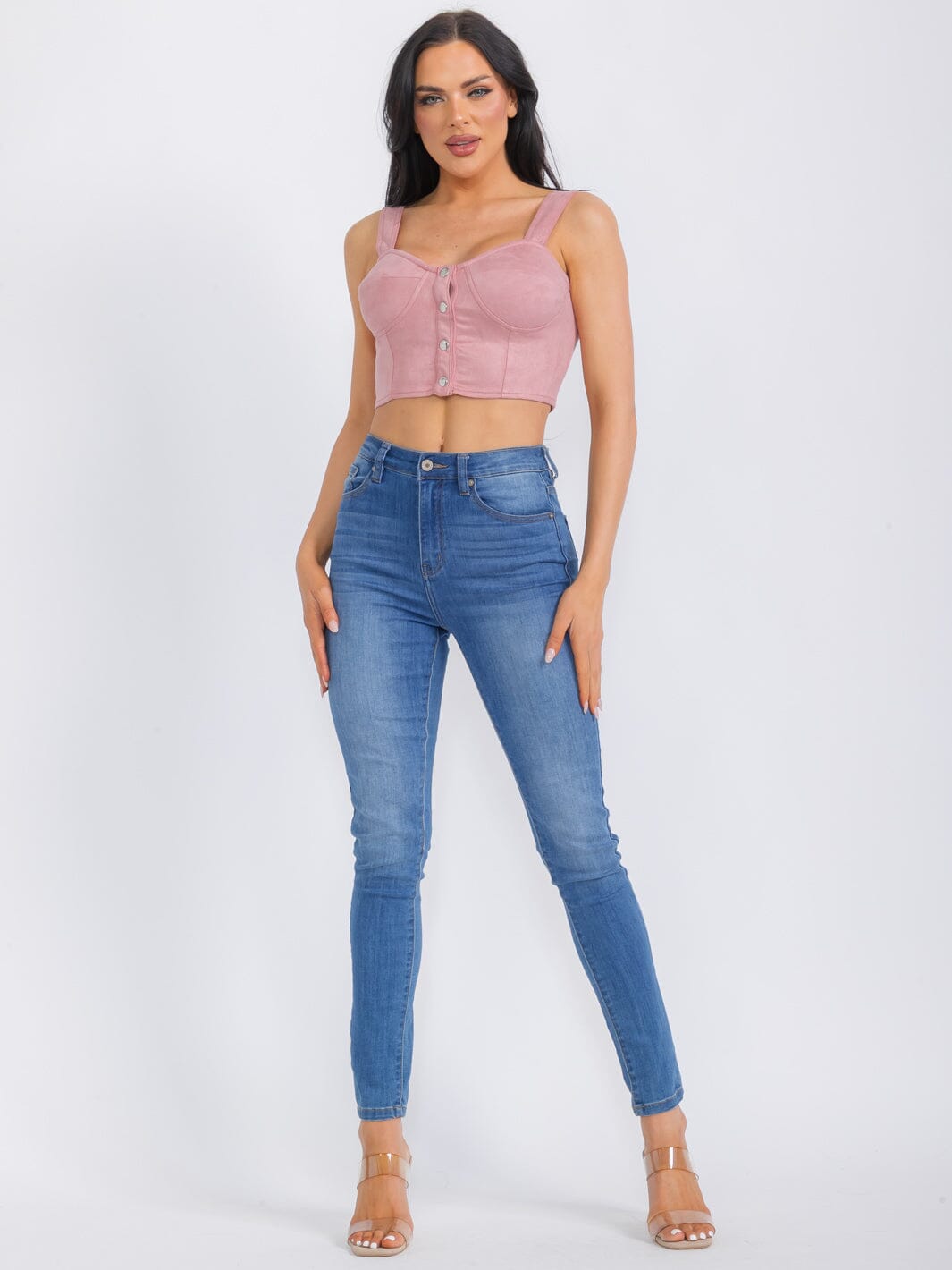 WOMEN'S SLEEVELESS BUTTON CLOSURE SUEDE CROP TOP
