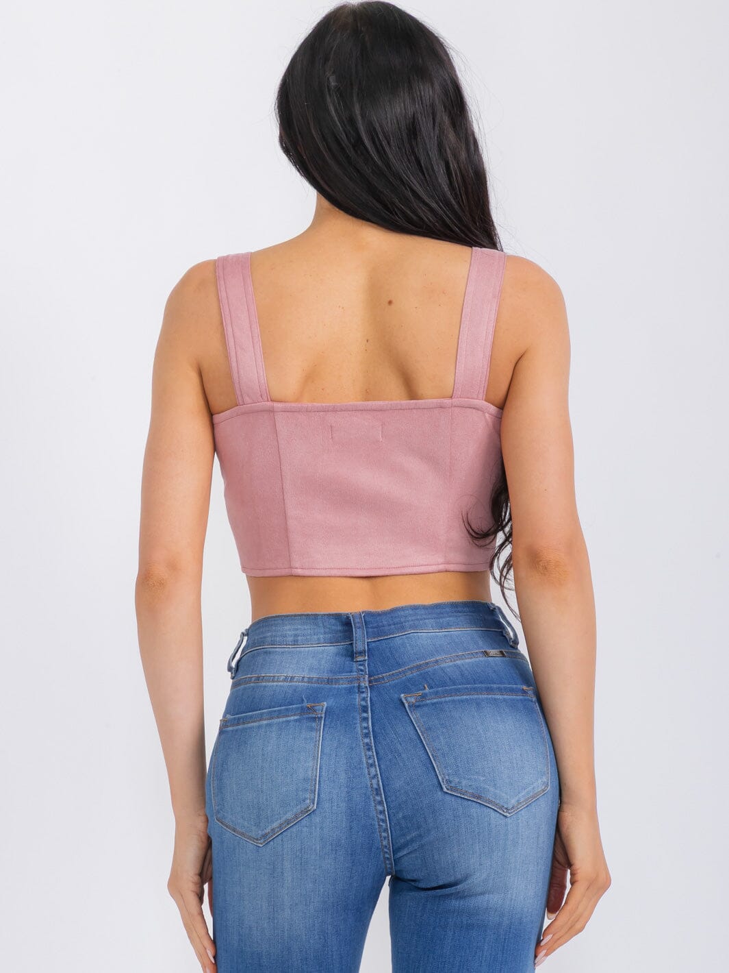 WOMEN'S SLEEVELESS BUTTON CLOSURE SUEDE CROP TOP