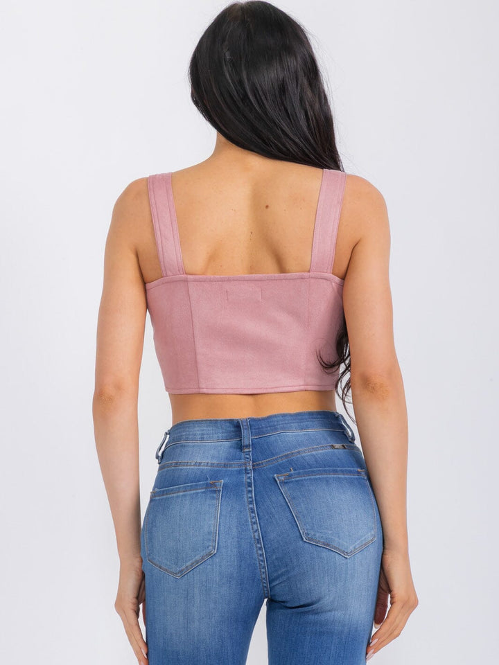 WOMEN'S SLEEVELESS BUTTON CLOSURE SUEDE CROP TOP