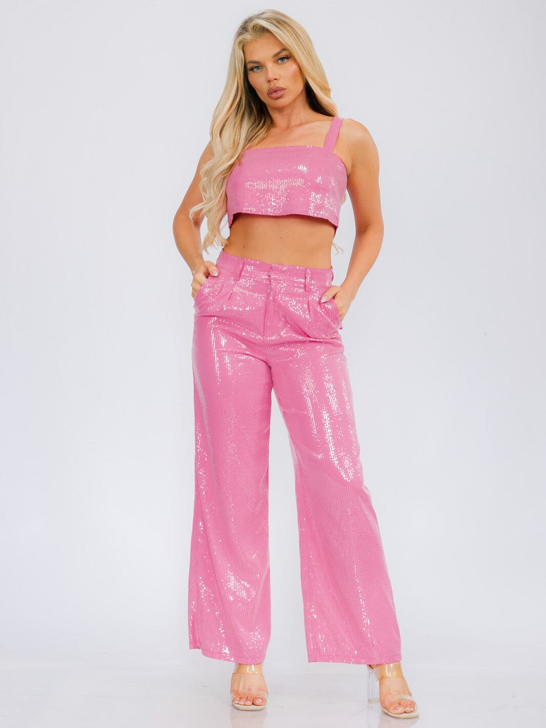 WOMEN'S CROP TANK TOP & BUTTON CLOSURE WIDE LEG PANTS SEQUINS 2PC SET