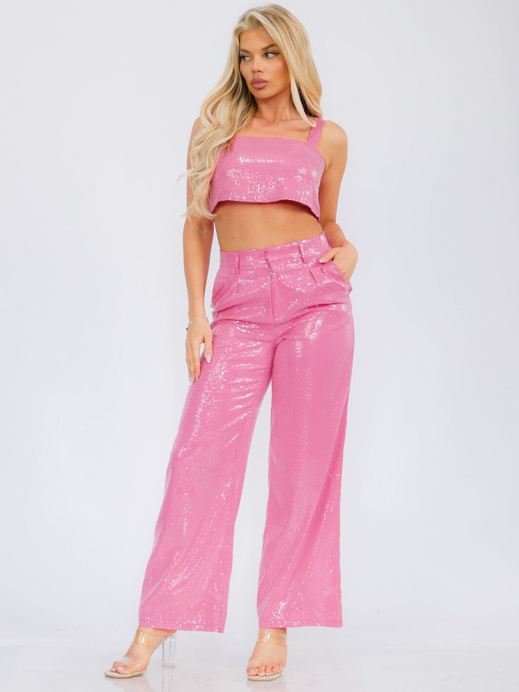 WOMEN'S CROP TANK TOP & BUTTON CLOSURE WIDE LEG PANTS SEQUINS 2PC SET