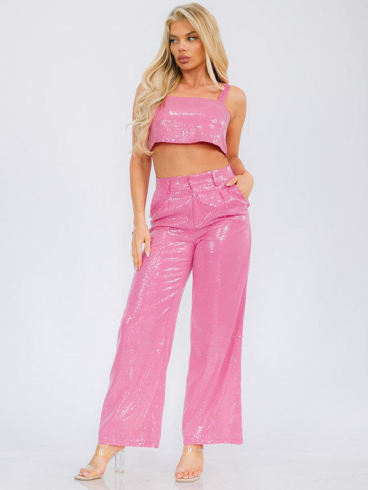 WOMEN'S CROP TANK TOP & BUTTON CLOSURE WIDE LEG PANTS SEQUINS 2PC SET