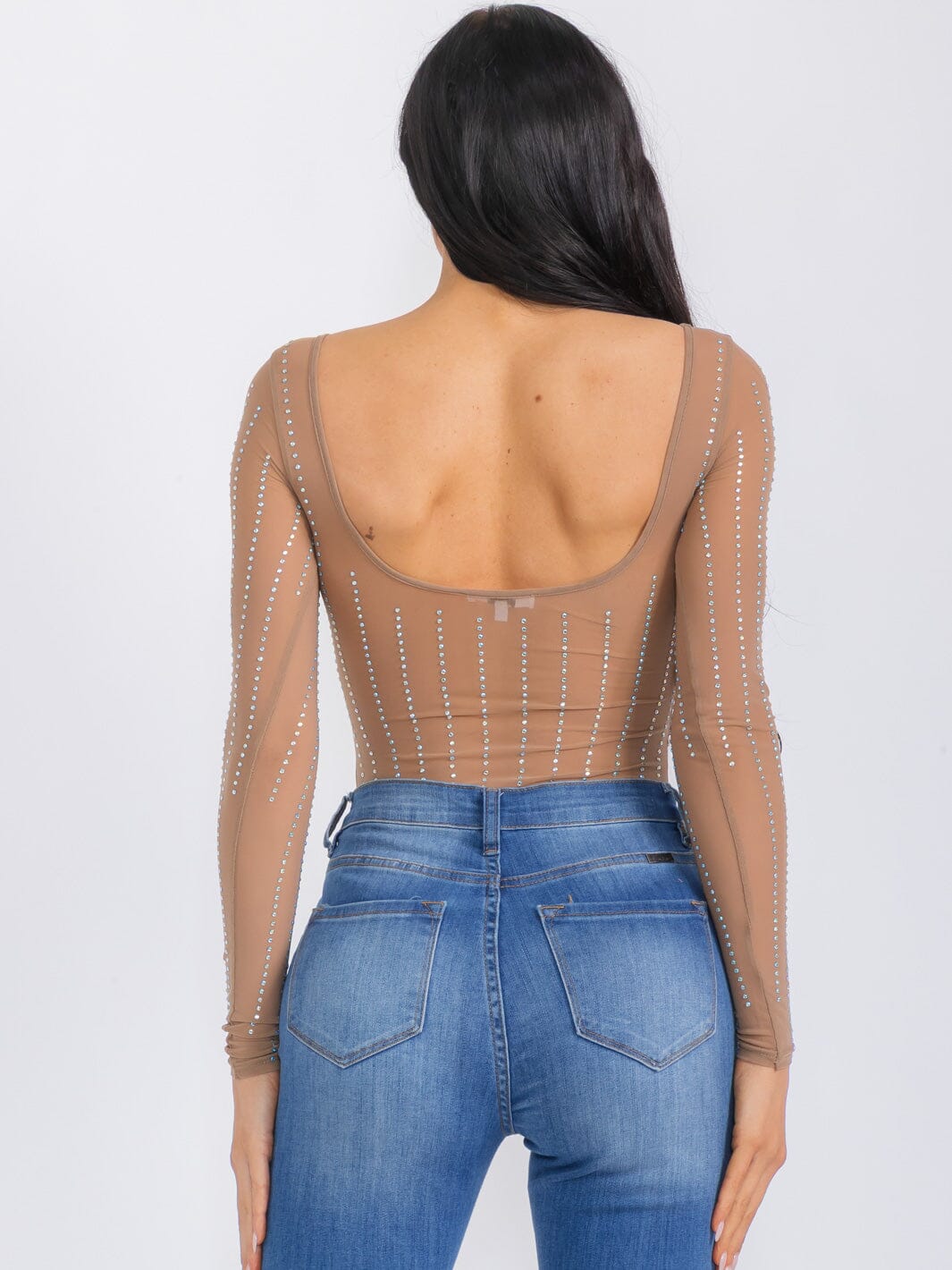 WOMEN'S LONG SLEEVE MESH STUDS BODYSUIT