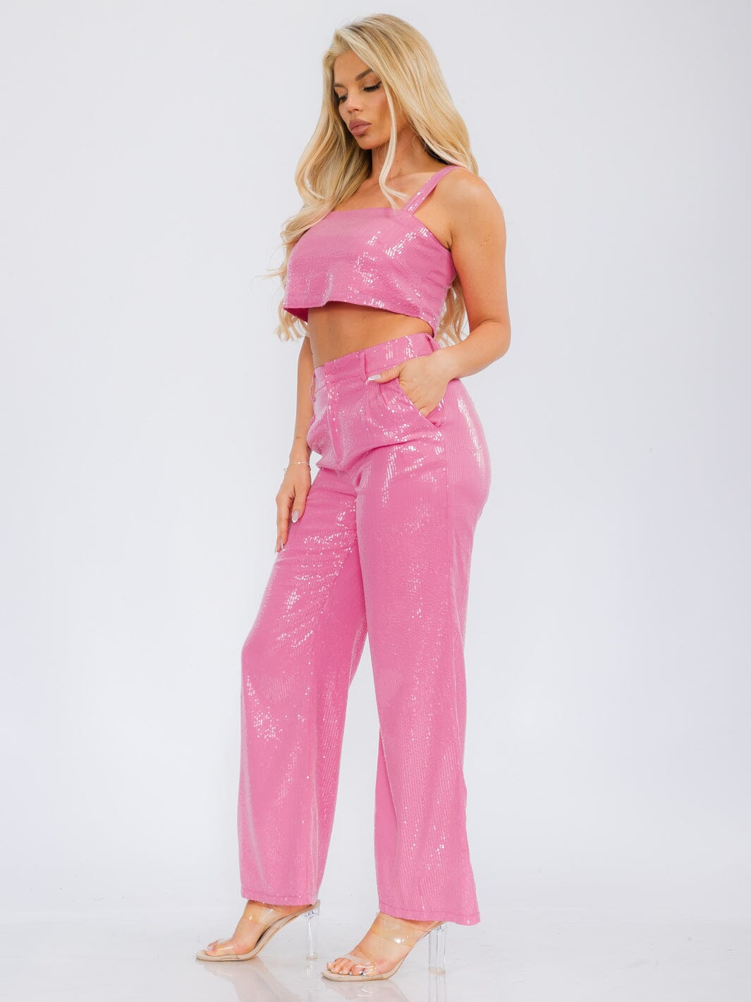 WOMEN'S CROP TANK TOP & BUTTON CLOSURE WIDE LEG PANTS SEQUINS 2PC SET