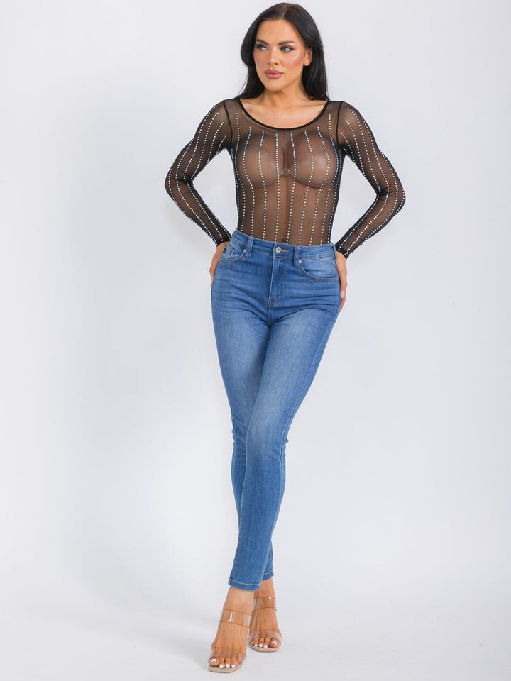 WOMEN'S LONG SLEEVE MESH STUDS BODYSUIT