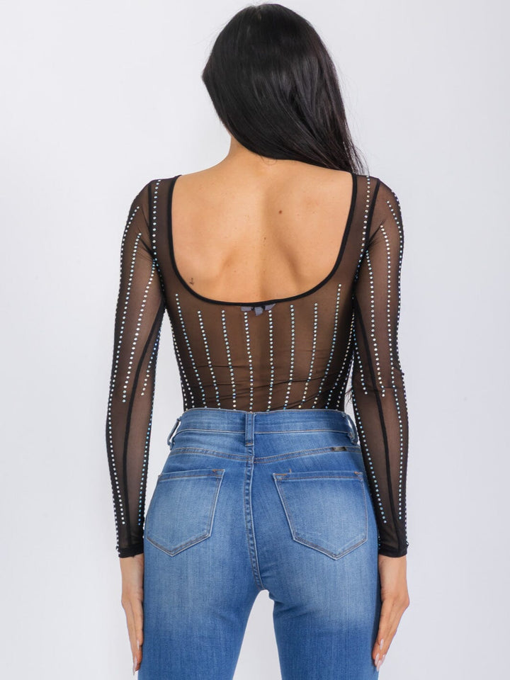 WOMEN'S LONG SLEEVE MESH STUDS BODYSUIT