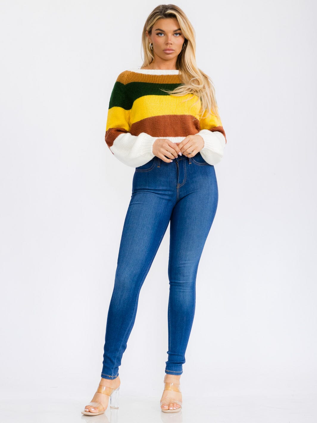 WOMEN'S LONG SLEEVES PULLOVER COLORBLOCK STRIPES KNIT SWEATER