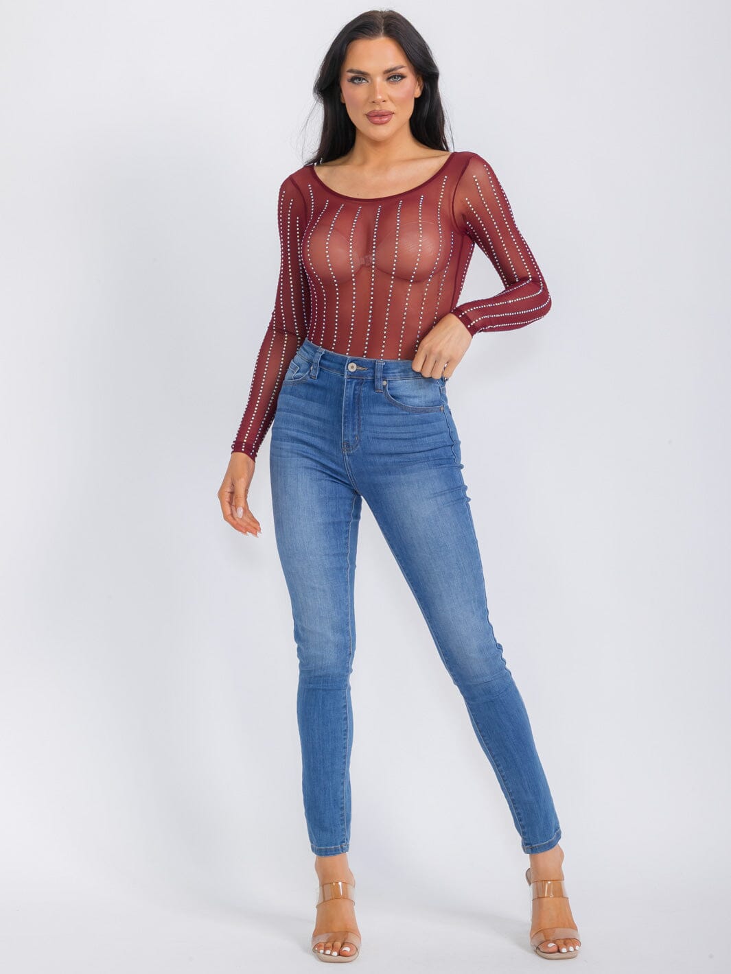 WOMEN'S LONG SLEEVE MESH STUDS BODYSUIT