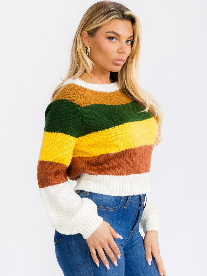 WOMEN'S LONG SLEEVES PULLOVER COLORBLOCK STRIPES KNIT SWEATER