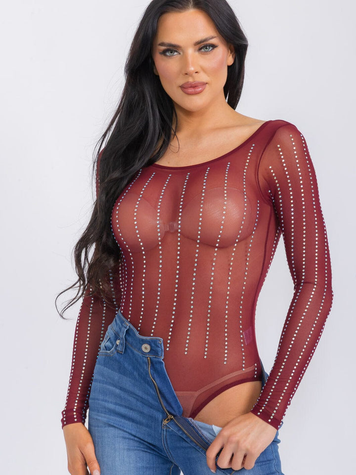 WOMEN'S LONG SLEEVE MESH STUDS BODYSUIT
