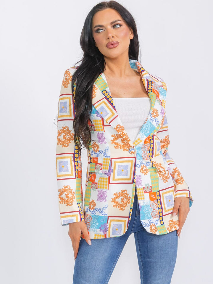 WOMEN'S LONG SLEEVE BUTTON CLOSURE MULTI PRINT BLAZER