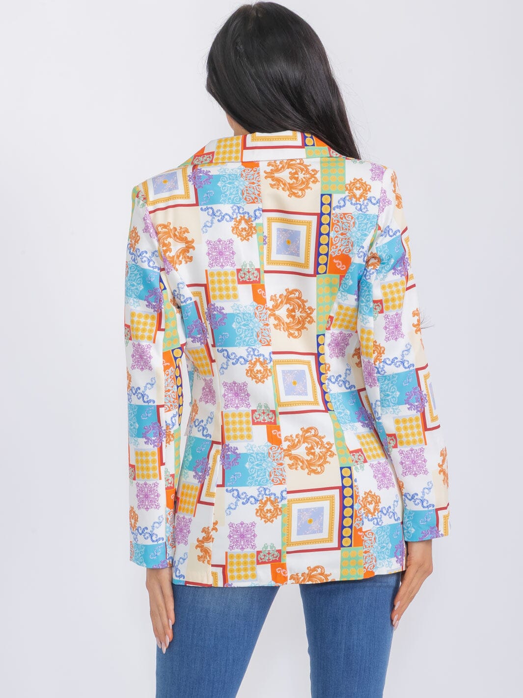 WOMEN'S LONG SLEEVE BUTTON CLOSURE MULTI PRINT BLAZER