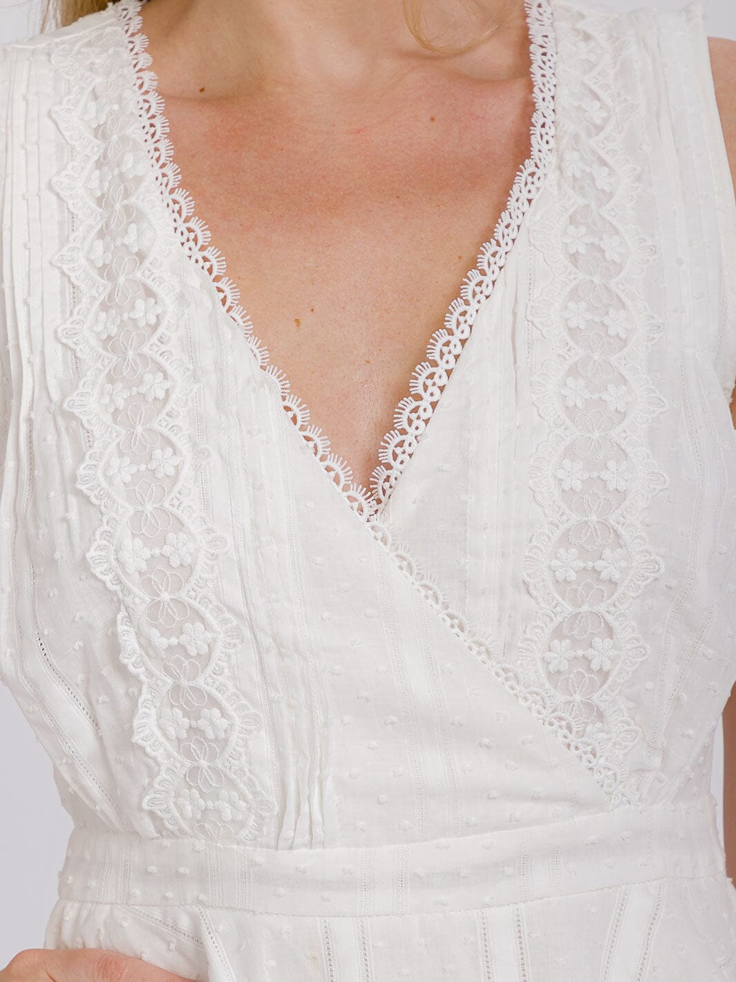 WOMEN'S SLEEVELESS SURPLICE TIERED RUFFLE SWISS LACE MINI DRESS