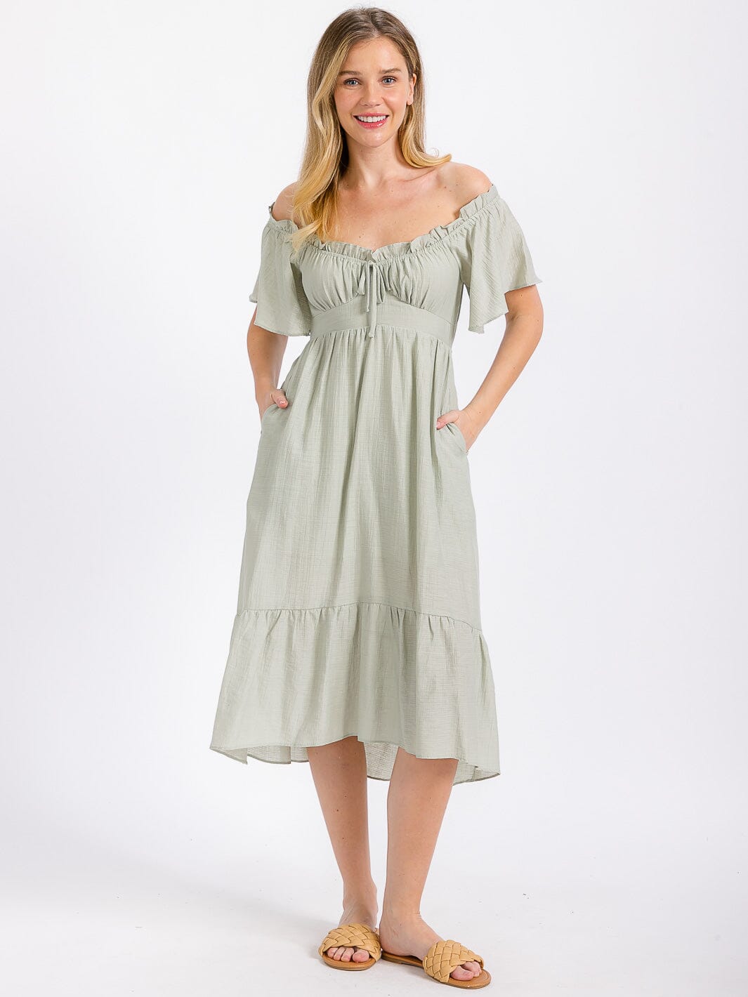 WOMEN'S SHORT SLEEVE OFF SHOULDER FRONT POCKETS HIGH-LOW MIDI DRESS