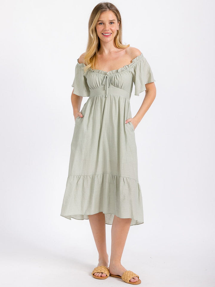 WOMEN'S SHORT SLEEVE OFF SHOULDER FRONT POCKETS HIGH-LOW MIDI DRESS