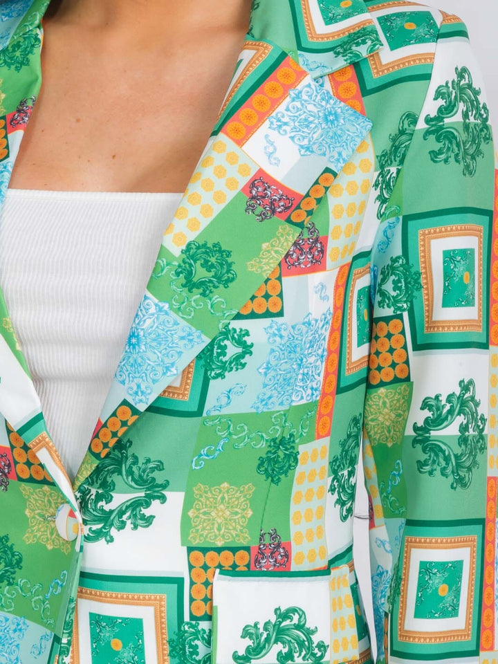 WOMEN'S LONG SLEEVE BUTTON CLOSURE MULTI PRINT BLAZER
