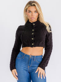 WOMEN'S LONG SLEEVE BUTTON UP TURTLE NECK KNIT CROP TOP