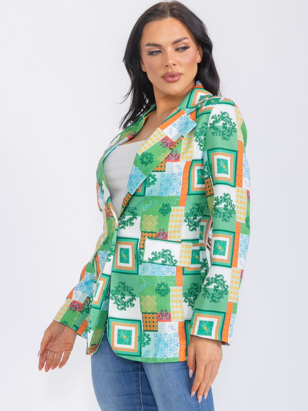 WOMEN'S LONG SLEEVE BUTTON CLOSURE MULTI PRINT BLAZER