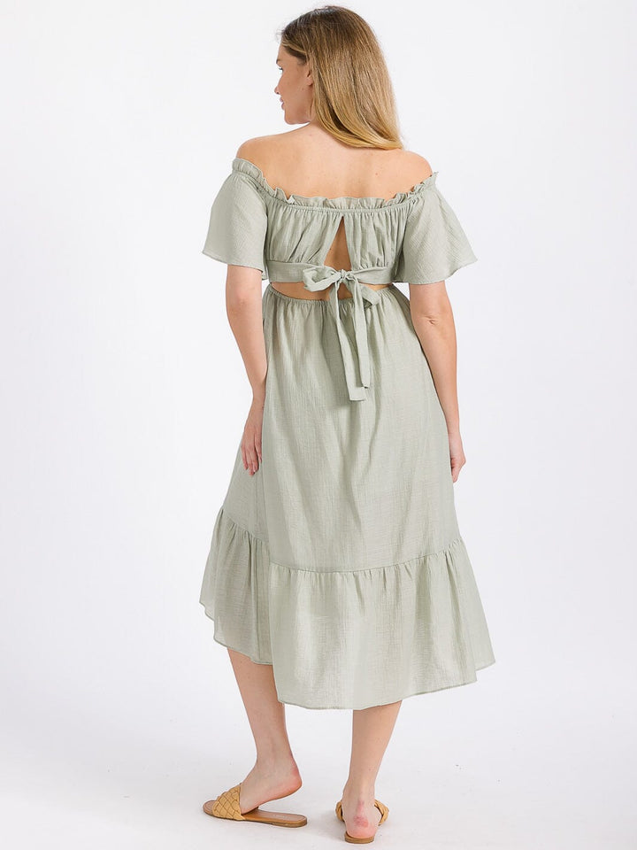 WOMEN'S SHORT SLEEVE OFF SHOULDER FRONT POCKETS HIGH-LOW MIDI DRESS