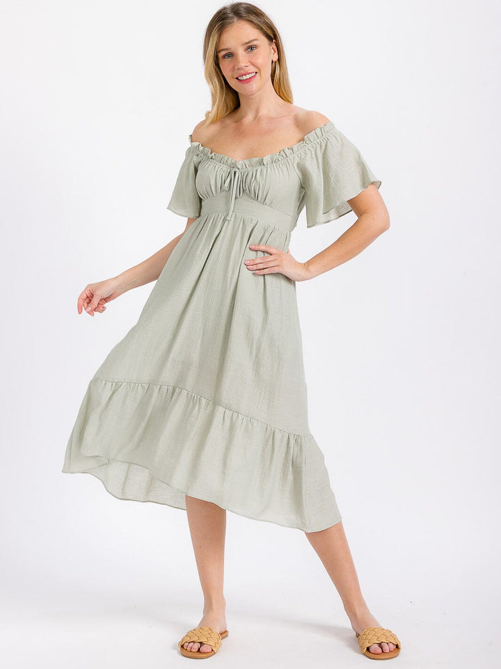 WOMEN'S SHORT SLEEVE OFF SHOULDER FRONT POCKETS HIGH-LOW MIDI DRESS