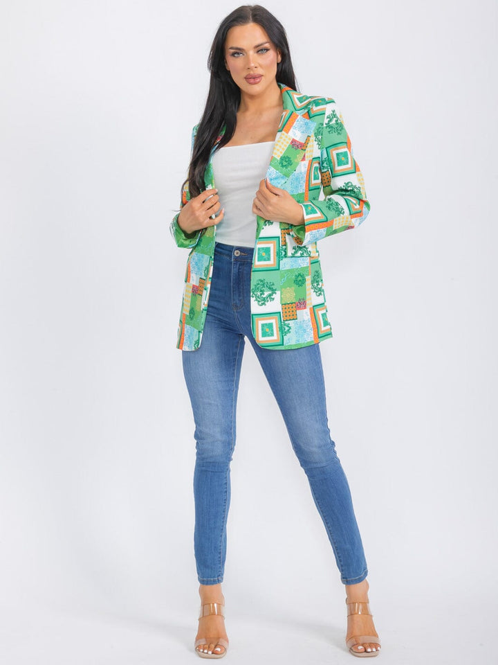 WOMEN'S LONG SLEEVE BUTTON CLOSURE MULTI PRINT BLAZER