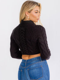 WOMEN'S LONG SLEEVE BUTTON UP TURTLE NECK KNIT CROP TOP