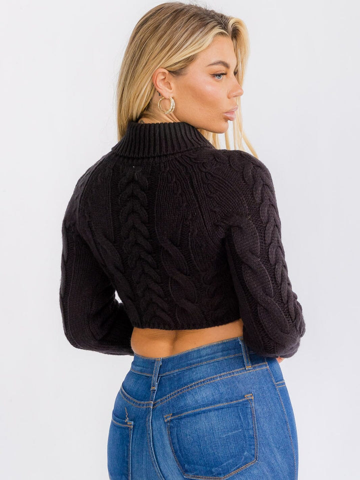 WOMEN'S LONG SLEEVE BUTTON UP TURTLE NECK KNIT CROP TOP