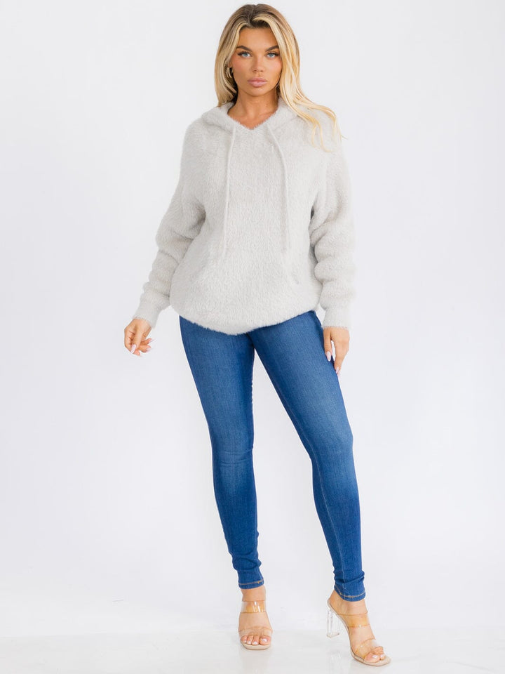 WOMEN'S LONG SLEEVE FRONT POCKET HOODED PULLOVER FUZZY SEATER